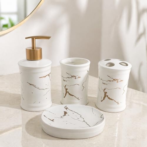Image of Whizzo Ceramic Bathroom Set - Italian 4 Piece Bath Accessories Set with Soap Dispenser, Toothbrush Holder, Tumbler & Soap Dish - Modern & Designer Decor for Home & Guest Bathrooms (BS-822-White)