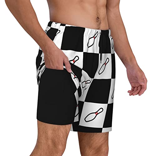 Men's Swim Trunks with Bowling Pin Pattern, Checkered Board Shorts with Liner2
