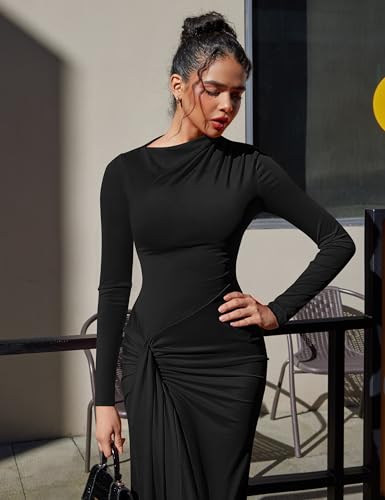 YMDUCH Women's Casual Long Sleeve Boat Neck High Split Ruched Bodycon Long Formal Dress3