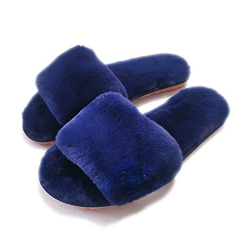 Crazy Lady Women's Fuzzy Fluffy Furry Fur Slippers Flip Flop Open Toe Cozy House Memory Foam Sandals Slides Soft Flat Comfy Anti-Slip Spa Indoor Outdoor Slip on (04/Navy Blue, 9-10 N US)