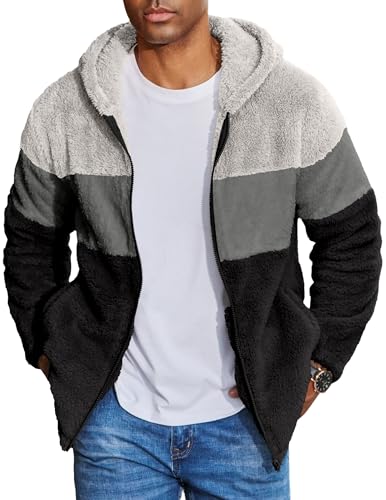 COOFANDY Veste Polaire Teddy pour Homme Veste de Transition Sherpa Sweat Patchwork avec Capuche Gris Clair + Gris foncé + Noir XXL