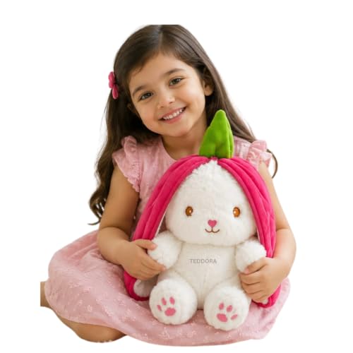 Image of Rabbit with Chain Reversible Strawberry Bunny Pink Soft Toy for Girls Boys Kids, Zipper Animal Stuffed Baby Teddy Gift Birthday, 25 cm