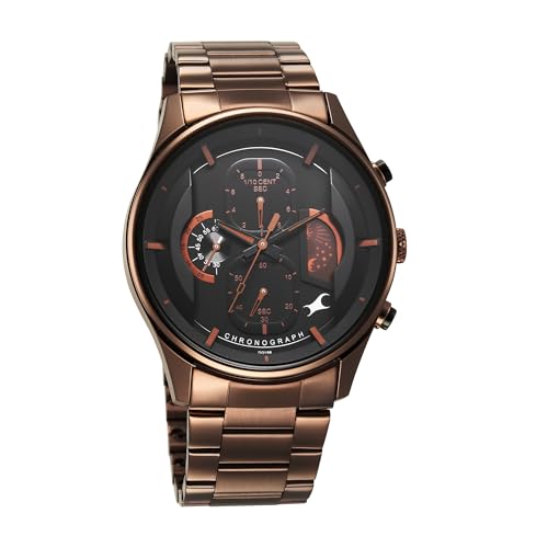 Image of Fastrack Opulence Quartz Chronograph Black Dial Brown Metal Strap Watch for Guys - NT3315KM02