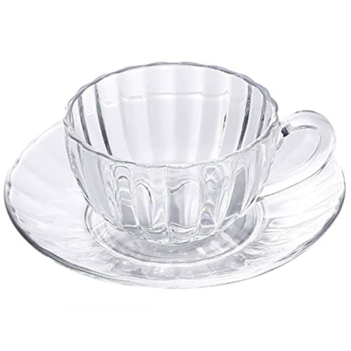 Sizikato Clear Glass Cup & Saucer Set, 6 Oz Scented Tea Cup Coffee Mug, Pumpkin Stripes