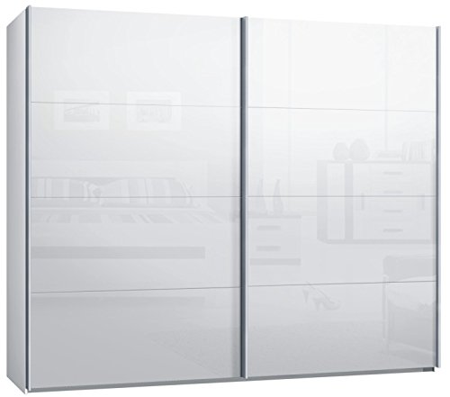 Armario de puertas correderas, armario, aprox. 270 cm, blanco con cristal blanco, compra a partir de fábrica, armario corredero, frontal de cristal.