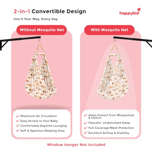 Image of Happykid Baby Cradle Set | Durable Cotton Cloth, Mosquito Net, Spring, Triangle and Window Hanger (Orange, Without Bed)