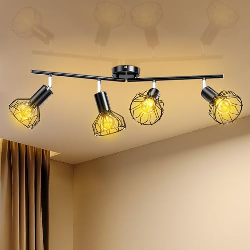 Mexllex Faretti da Soffitto Orientabili, Faretti LED Soffitto 4 Luce Nero Faretti da Parete, Lampadario Faretti Cucina E14 Faretti Soffitto per Negozio,Cucina,Camera da Letto,Soggiorno(4+1 Lampadina)
