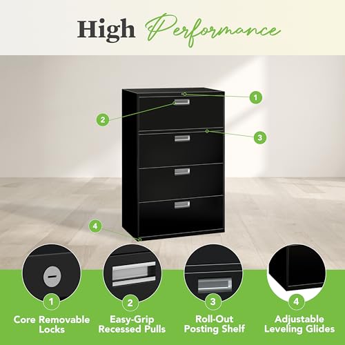 Image of HON 4 Drawer Lateral File Cabinet with Lock, Metal Filing Cabinets for Offices, Adjustable Hangrails for A4, Legal, Letter Files, 18 inch Deep, Black