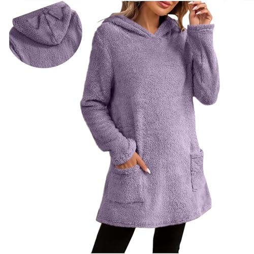 Sweat à capuche en polaire avec poche pour femme pull long en peluche chaude et ample