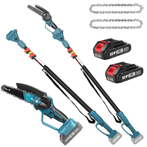 2 in 1 Mini Tronçonneuse et Élagueur sur Perche sans Fil, Tronçonneuse Télescopique de 8/6 Pouces, avec 2 Batteries et Chargeur, Portée 16/8 FT, pour Branches et Jardin (6 Pouces 2 in1)