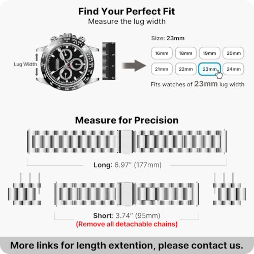Image of Fullmosa 23mm Stainless Steel Watch Band, Quick Release Metal Replacement Strap with Removable Links, Includes Spring Bars & Link Removal Tool for Men Women (Silver)