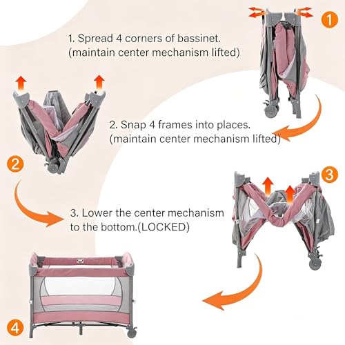 Image of Soobaby 5 in 1 Baby Crib,Bedside Sleeper,Bassinet,Pack and Play with Bassinet and Changing Table,Portable Travel Playpen Music Box,Portable Travel Crib for Infant Newborn (Pink Gray)
