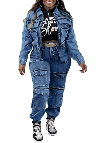 Tbahhir Cargo Denim Set Women, Jean Two Piece Outfits Long Sleeve Crop Jacket High Waisted Jeans with Pockets Y2k Trendy