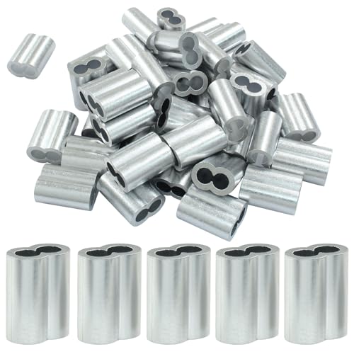 Cjueiom 50Pcs Aluminum Crimping Loop Sleeve, 3/16 Inch / 5mm Double Barrel Crimp Sleeves for Wire Cable Rope Hanging, Silver