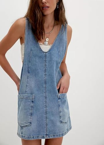 yoeasy Women's V Neck Sleeveless Denim Overall Dress Adjustable Strap Summer Mini Pinafore Jean Dress with Pockets2