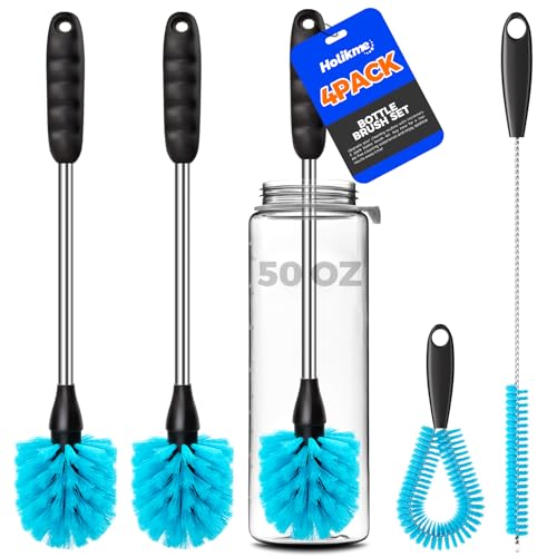 Holikme 4 Pack Bottle Brush Set 14.5 Long Handle Stainless Steel Bottle Cleaner Brush Long-Handled 4-in-1 Stainless Steel Bottle Brushes for Water Bottle Cups Abrasive Wheel Brushes Blue