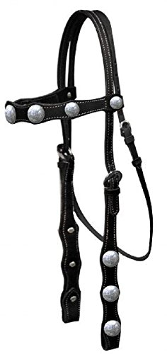 Showman Horse Leather Browband Headstall With Engraved Silver Conchos And 5' Long Leather Split Reins (Black) #TOP26