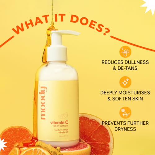 Image of Moody Vitamin C Daily Moisturising Body Lotion Serum with Niacinamide, Mandarin Orange & Jojoba Oil | Body Lotion for Glowing Skin | Deep Nourishing BodyLotion for Men & Women | Reduces Tan & Dryness | 200ml