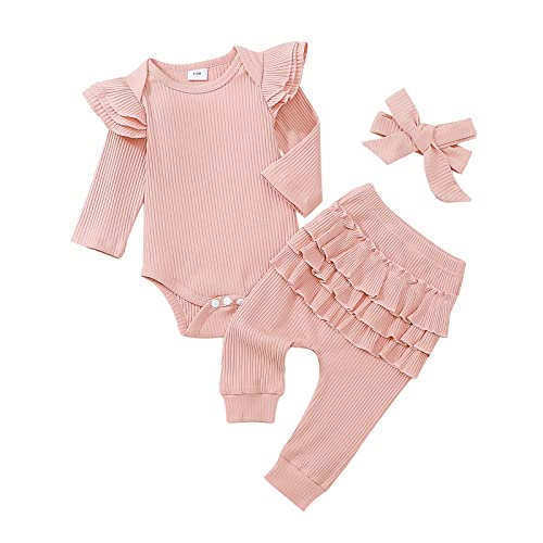 Image of CETEPY Baby Girl Clothes Newborn Romper Long Sleeve Infant Outfits 3Pcs Ruffle Tops + Pants + Headband
