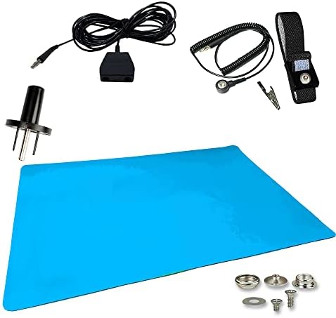 Static Care ESD Compliant Mat Workstation Kit - 16"x24"x.060", Wrist Strap Set, Ground Cord, Universal Snap Kit, Easy to Use Outlet Adapter,Computer/Cellphone Repair Kit, Soldering Mat - NASA Blue