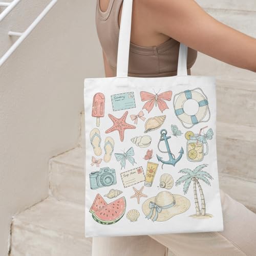 FISWAFY Preppy Beach Tote Bag, Coquette Bow Coastal Summer Preppy Aesthetic Canvas Tote Bag for Women, Beach Gifts for Women Lovers, Reusable Grocery Shopping Bags
