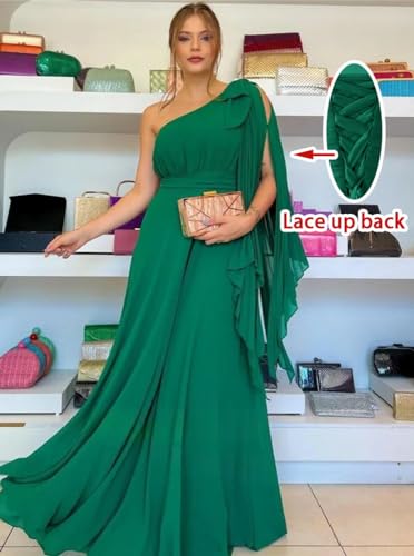 Formal Dresses for Women 2025 One Shoulder Chiffon Bridesmaid Dresses A-Line Long Sleeve Ruched Wedding Guest Dress Emerald Green US10 - Thumbnail 5