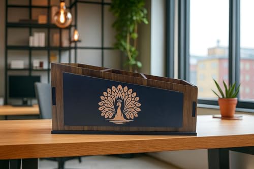 Image of POSHIO Wooden Remote Stand | 3-Section Desk & Table Organizer | Sturdy Engineered Wood | Remote, Stationery & Small Item Holder for Home & Office | Gift item | (7.1 x 4 x 4 inches, Peacock print)