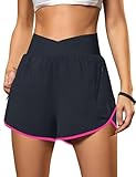 Blooming Jelly Women's Workout Shorts Athletic Running Casual Summer Quick Dry Gym Active Shorts with Zipper Pocket (Dark Blue with Pink,Large)