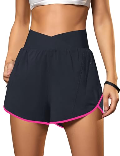 Blooming Jelly Women's Workout Shorts Athletic Running Casual Summer Quick Dry Gym Active Shorts with Zipper Pocket (Dark Blue with Pink,Large)