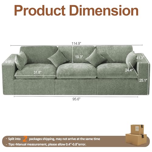 Image of 115''Cloud Boneless Sectional Couch, Modular Sectional Sofa Deep Seat, Oversized Upholstered Convertible Comfy 3 Seater Chenille Memory Foam Sofa Couches for Living Room, Green