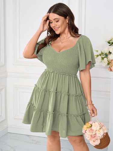 Image of SHESTARR Womens Plus Size Casual Mini Dress Sweetheart Neckline Short Flutter Sleeve Smocked A Line Tiered Ruffle Dresses
