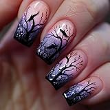 Halloween Press on Nails Medium Square Fake Nails Purple Forest False Nails with Glitter Designs Reusable Witch Glue on Nails for Women Girls 24Pcs
