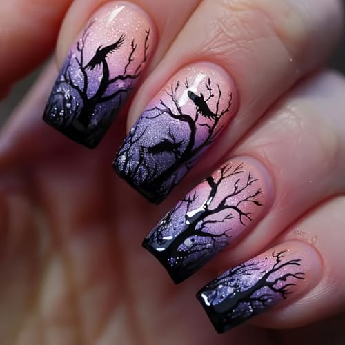 Halloween Press on Nails Medium Square Fake Nails Purple Forest F...