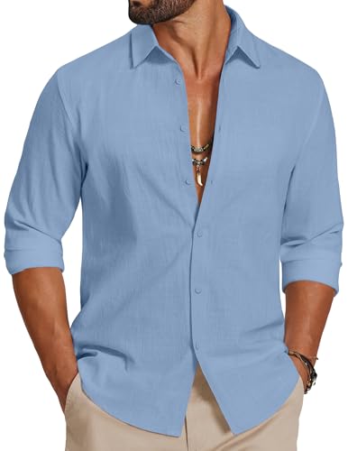 Image of COOFANDY Men's 100% Cotton Long Sleeve Smart Casual Shirt Light Blue L