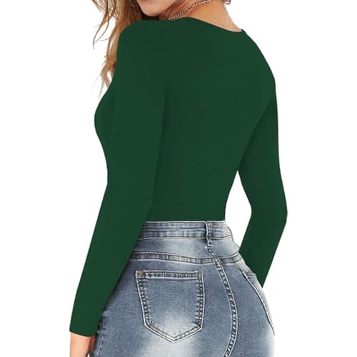 Body de manga larga para mujer, cuello redondo, elástico, para mujer, sexy, ropa de dormir, mameluco, blusa, top, camiseta de manga larga, O Verde, M
