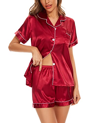 Women's Silk Pajama Sets Satin Sleepwear Button Down Short Sleeve Pj Tops and Shorts 2-Piece Loungewear