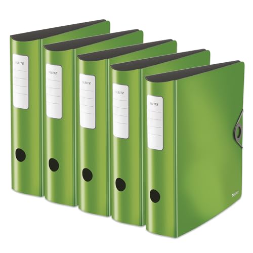 Leitz Qualitäts-Ordner 180° Active Solid, 5er Pack, A4, Breit, Abgerundeter Rücken, 8,2 cm breit, Gummibandverschluss, Leichtes Polyfoam, Plastik-Ordner, Hellgrün, 10471050