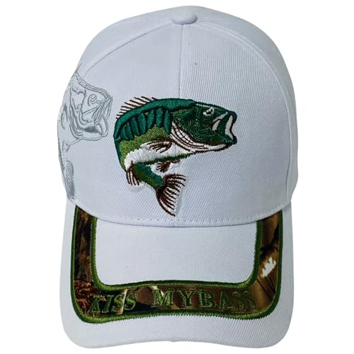 Unisex Embroidered Casual Kiss My Bass Fish Design Baseball Cap – Adjustable Outdoor Dad Hat (White)