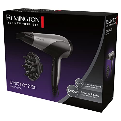 Image of Remington Ionic Dry Hair Dryer 2200Watt| Professional Hairdryer With Diffuser & Concentrator, 3 Heat & 2 Speed Settings, Cool Shot | Frizz-Free Ionic Conditioning, Fast Drying | Silver D3190S