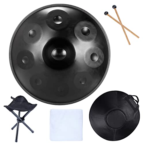 Handpan Drums Sets D Minor 18 inches Steel Hand Drum with Soft Hand Pan Bag, 2 handpan mallet,Handpan Stand (9 Notes, Black)
