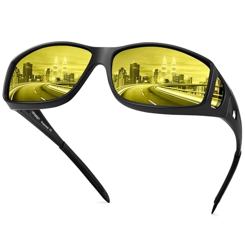 URUMQI Night Vision Driving Glasses Fit Over Eyeglasses for Men Women, Anti Glare Polarized Nighttime Glasses Yellow Lens
