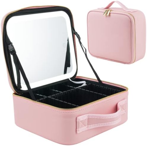 GEKMOR Makeup Bag with Lighted Mirror, Travel Makeup Train Case with 3-Color Setting & Adjustable Dividers, Waterproof Portable Cosmetic Bag with 10X Magnifying Mirror for Women