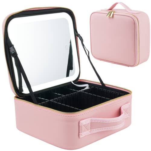 Gekmor Makeup Bag With Lighted Mirror, Travel Makeup Train Case With 3-Color Setting & Adjustable Dividers, Waterproof Portable Cosmetic Bag With 10X Magnifying Mirror For Women #TOP2