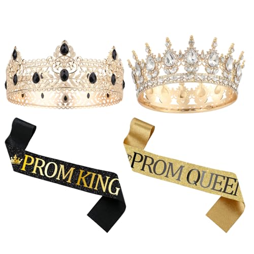 Vivrerizo Prom King and Queen Crown Set - 4 Pcs Trendy Prom Court Sashes Satin Sash with Crowns Rhinestone Tiara for Graduation Birthday Wedding Costume Accessories