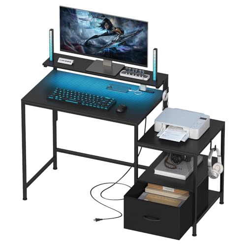 LunarLight パソコンデスク 幅120cm ゲーミングデスク ラック&コンセント付き 引き出し1個 プリンター台付き 勉強机 pcデスク ワークデスク オフィス 左右入れ替え対応 棚の高さ調節可能 (カーボンファイバーブラック, 幅120p)