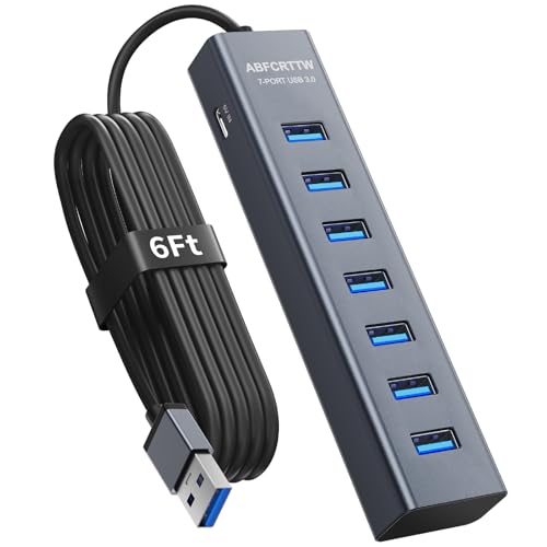 6Ft 7-Port USB 3.0 Hub for Desktop Aluminium USB Extender Hub 5Gbps Multiport Adapter Long Cable for Desktop PC Flash Drive Mobile HDD Windows/XPS 1.8m