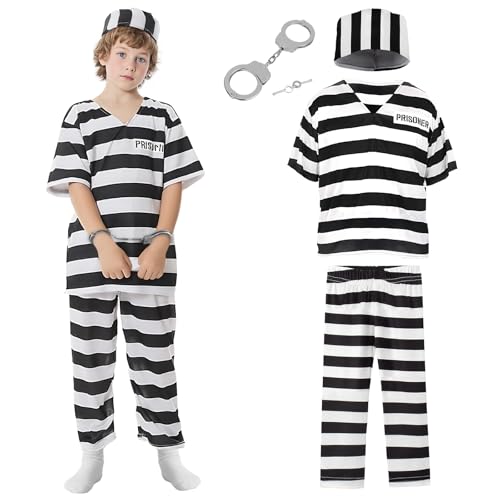 PUIWNON Prisoner Costume 4 Pcs Black White Striped Inmate Outfit with Cap Handcuffs for Halloween (Black and White Medium)