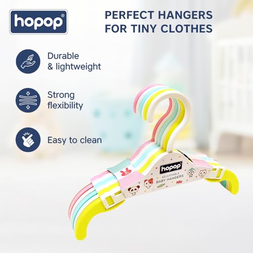 Image of Hopop Kids Hangers|Telescopic Adjustable Anti Slip Plastic Hanger for Baby & Kids Clothes |Extendable Hanger for Wardrobe|Baby Hangers for Kids Clothes Set| Multicolour (Pack of 12)