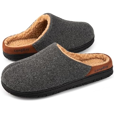LongBay Men's Fuzzy Sherpa Lined Slippers Warm Memory Foam Non-slip Slippers Slip-on House Shoes for Indoor Outdoor Grey 13 Cover