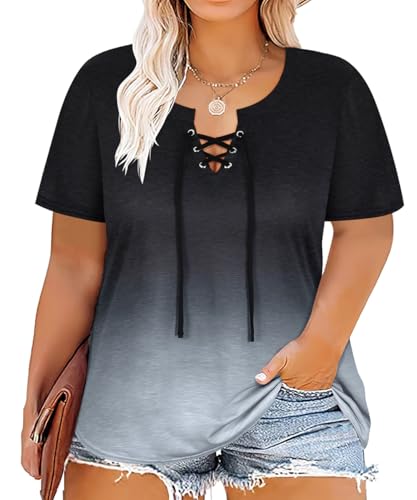 Image of CARCOS Womens Plus Size Tops Short Sleeve Shirts V Neck Tunic Floral /Tie Dye /Solid Summer Tees XL-5X
